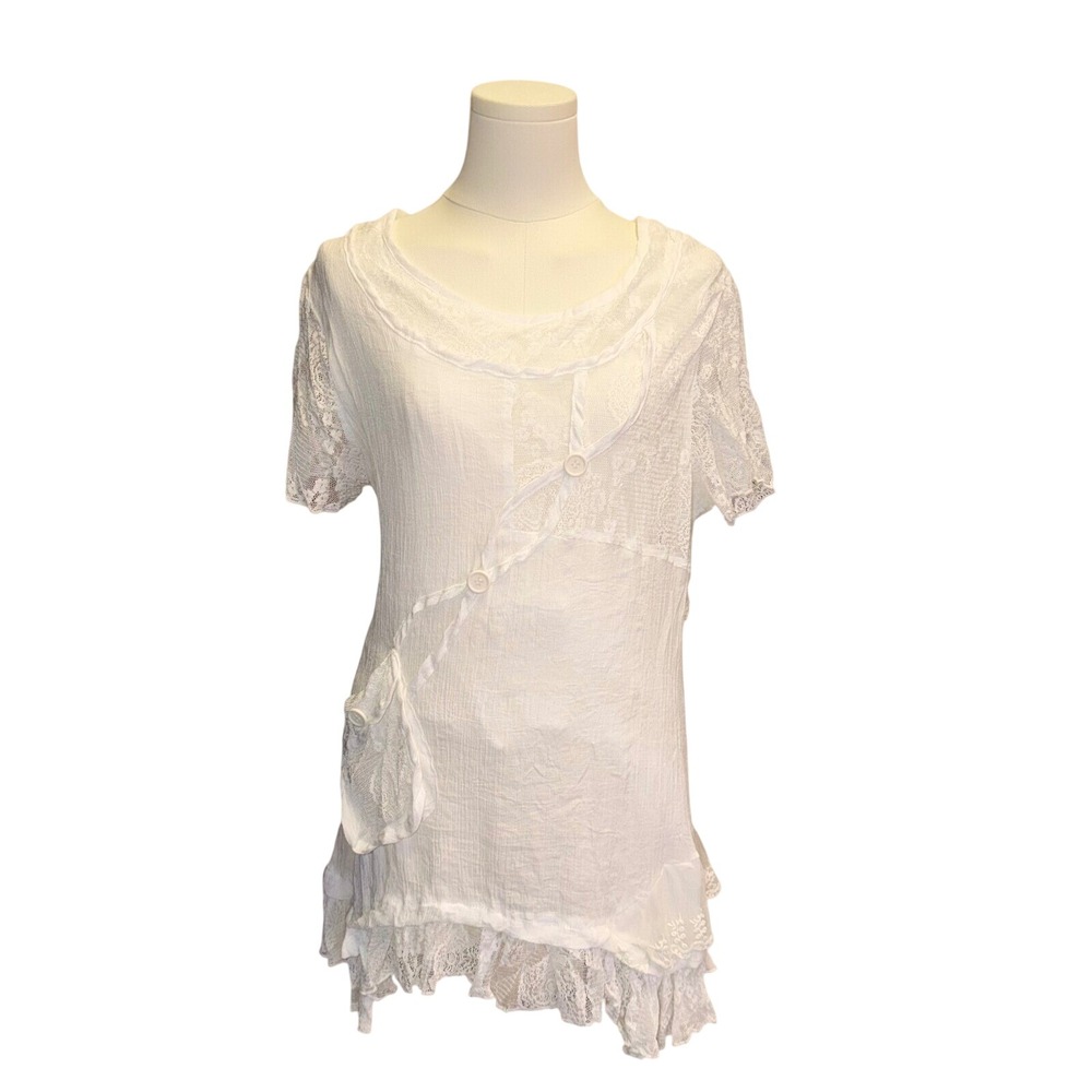 Mirror Image White Crinkle Gauze Lagenlook Asymmetric Lace Ruffle Top Large Boho
